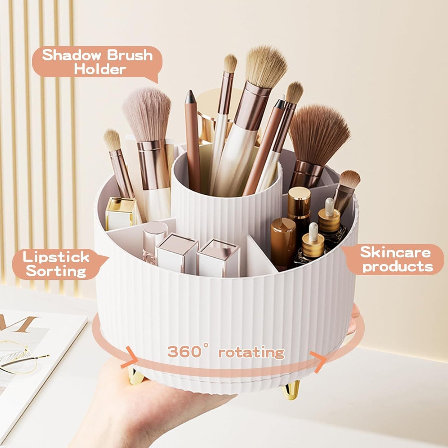 360 Rotating Makeup Brush Holder & Organizer Countertop Storage For Cosmetics & Skincare 8 Colors - Glamory Beauty