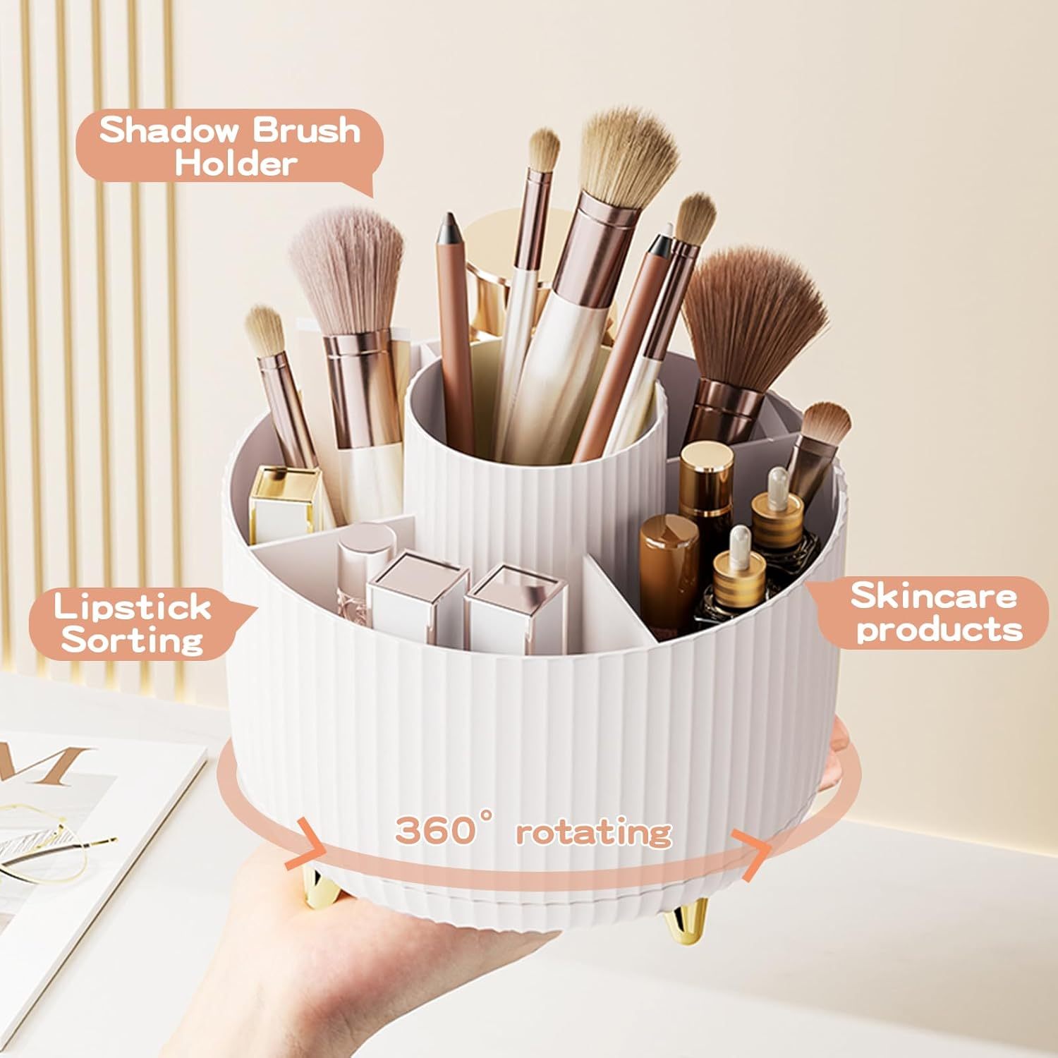 360 Rotating Makeup Brush Holder & Organizer Countertop Storage For Cosmetics & Skincare 8 Colors - Glamory Beauty