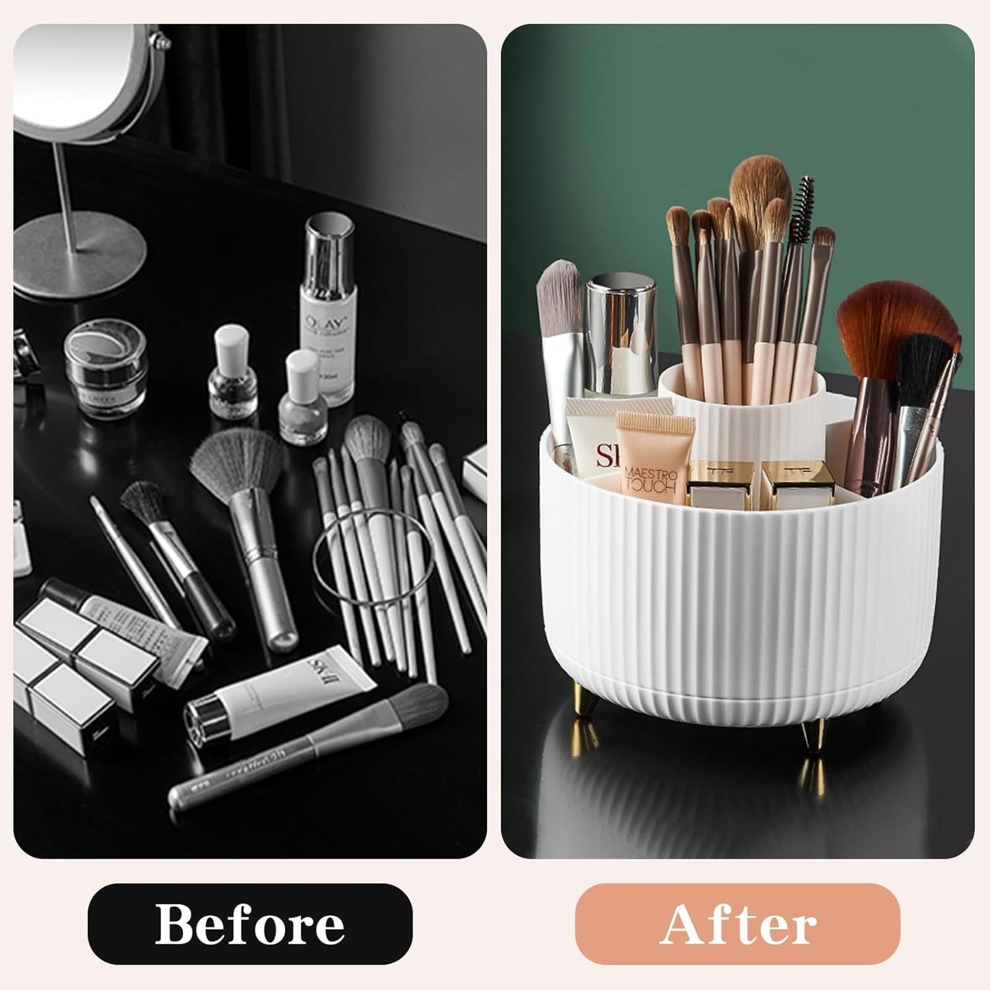 360 Rotating Makeup Brush Holder & Organizer Countertop Storage For Cosmetics & Skincare 8 Colors - Glamory Beauty
