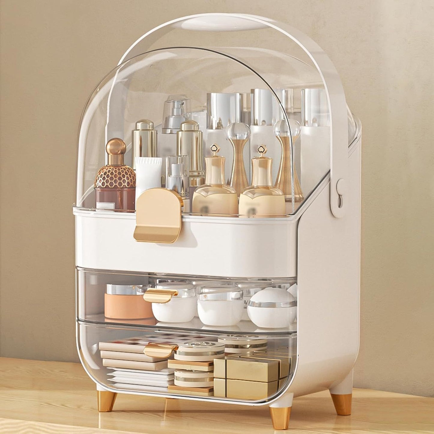 Makeup Organizer With Skincare Holder - Acrylic Cosmetic Storage Box, 4 Colors - Vanity & Bathroom Counter Organizer - Perfect Teen Girl Gift - Glamory Beauty