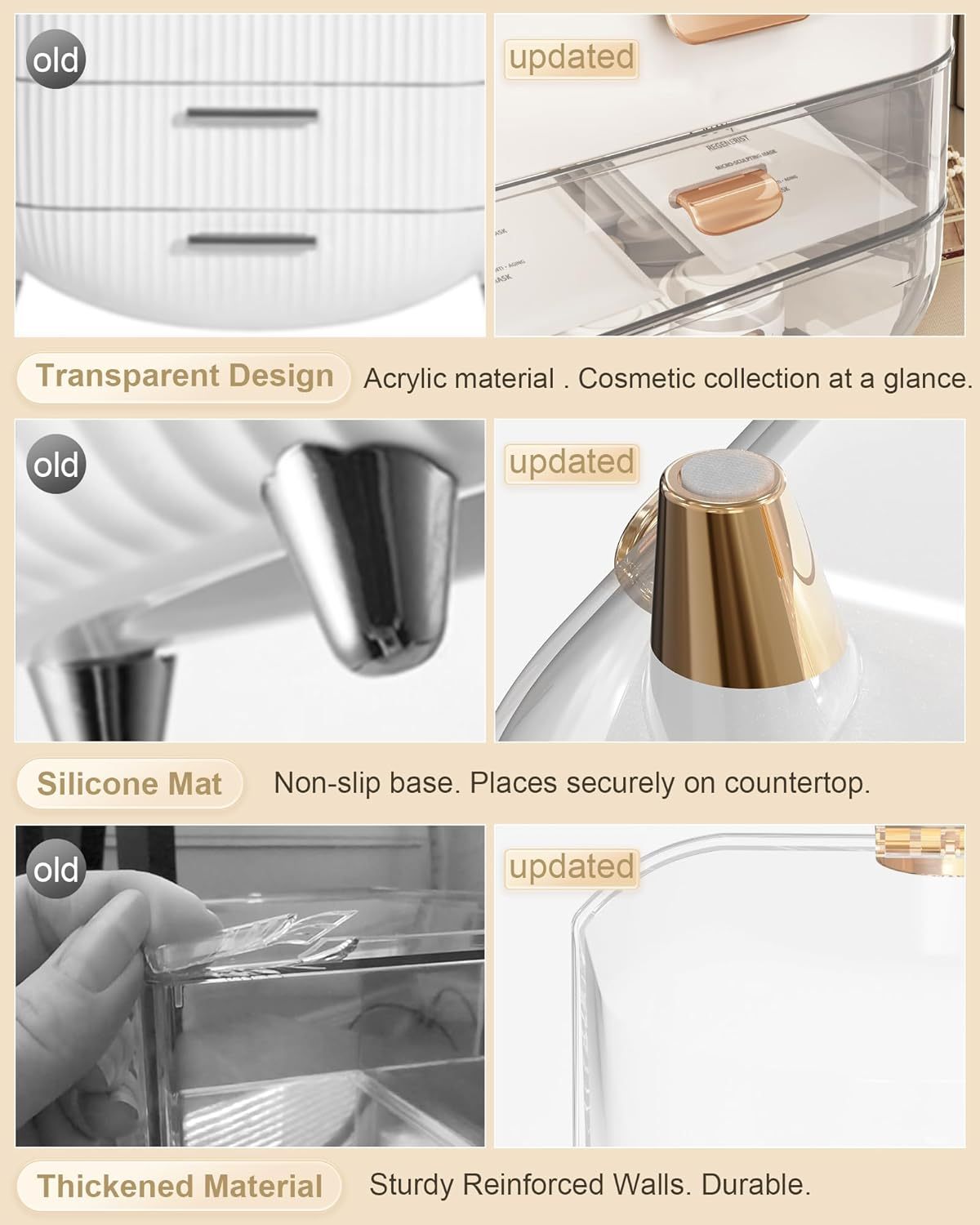 Makeup Organizer With Skincare Holder - Acrylic Cosmetic Storage Box, 4 Colors - Vanity & Bathroom Counter Organizer - Perfect Teen Girl Gift - Glamory Beauty